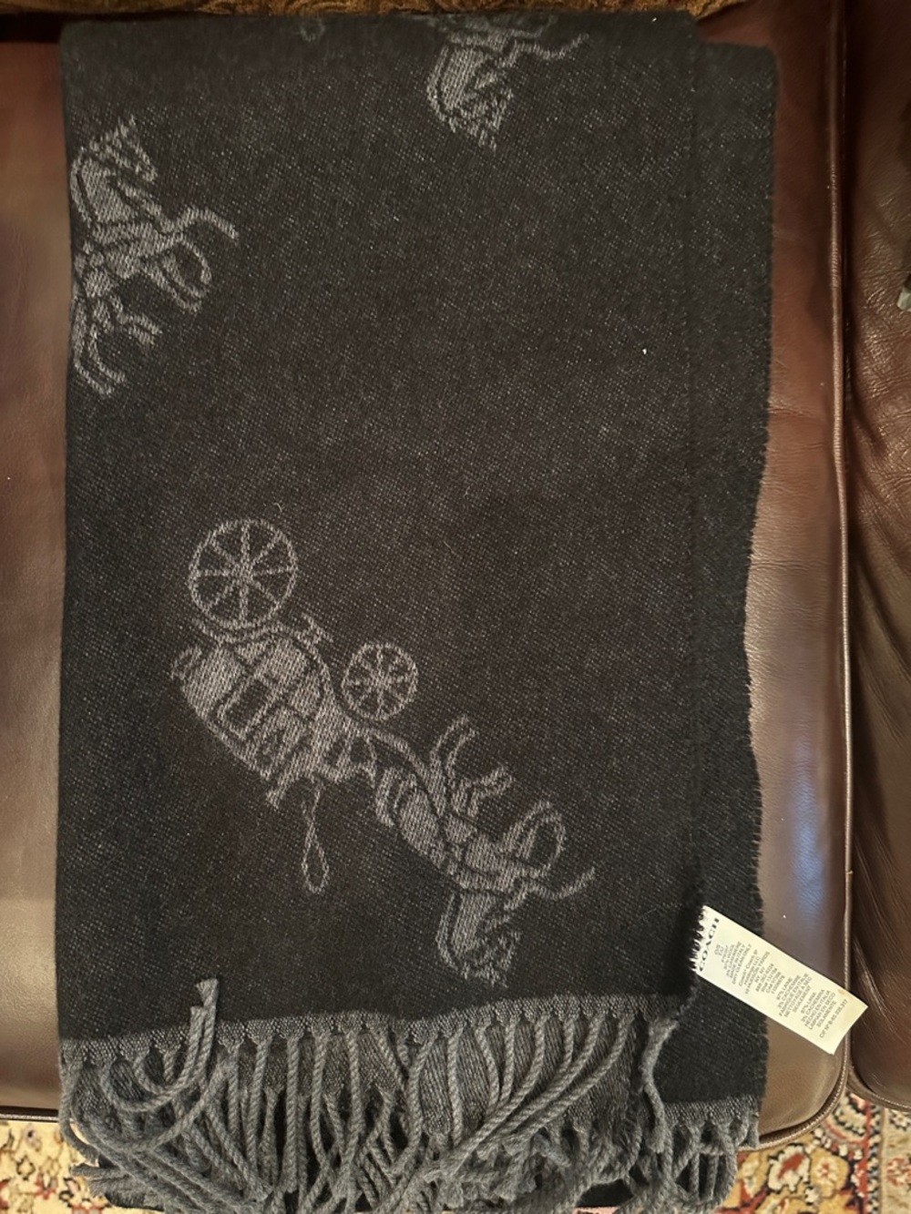 Coach Black and Gray Horse & Carriage Fringe Scarf